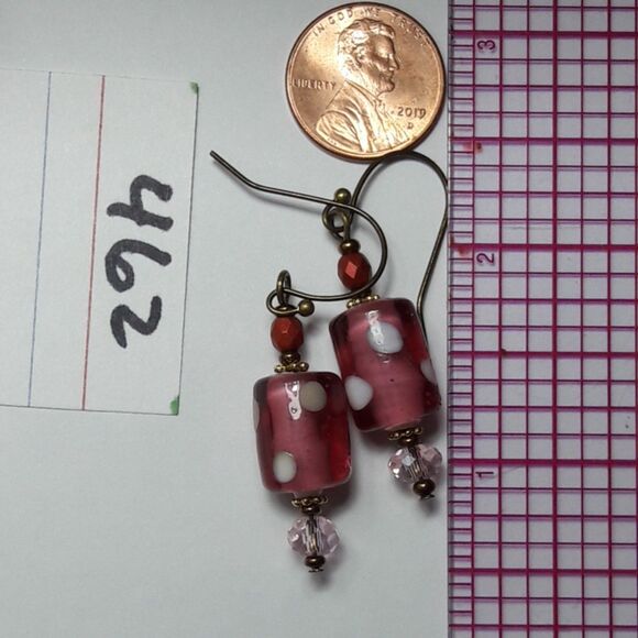 artisan earrings 462#mfs NEW boho Pink & dots lampwork glass hatpin drop earring - Picture 4 of 4
